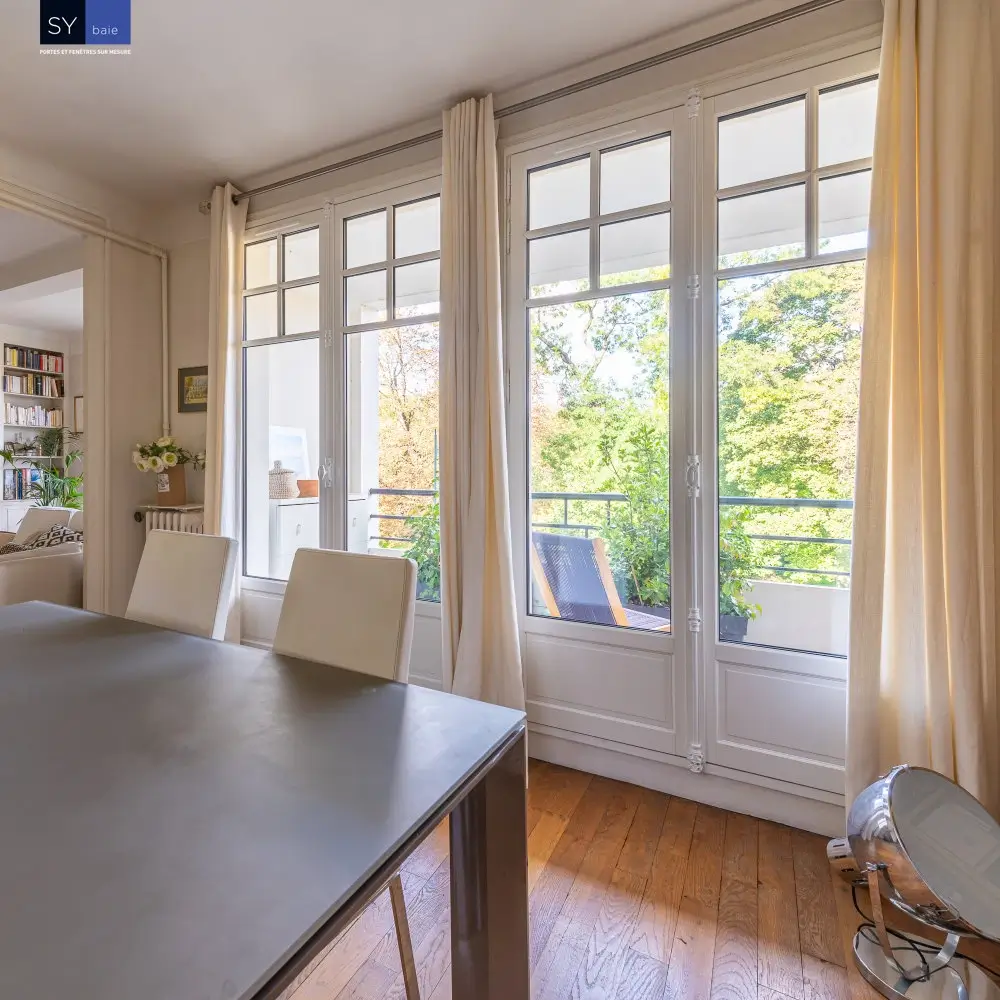 Véranda cuisine blanche avec vue sur jardin