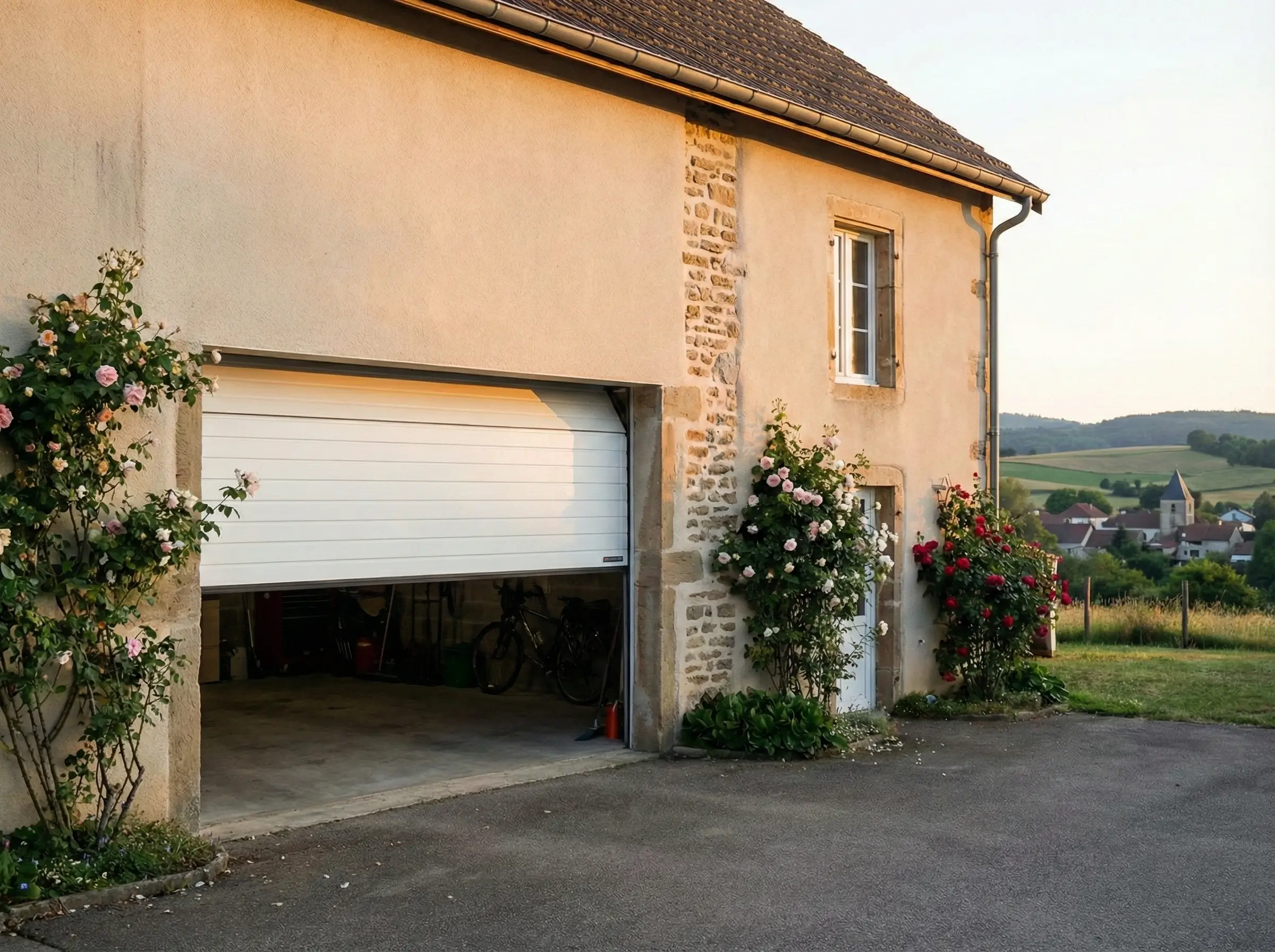 Porte de garage sectionnelle blanche sur maison en pierre